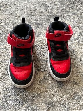 Nike Kids Red and Black High-Top Sneakers with Hook-and-Loop Strap